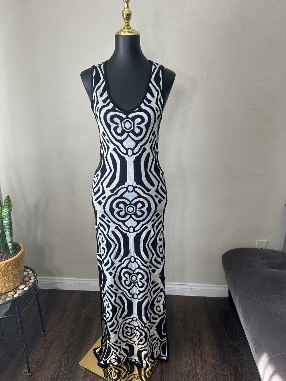Arden B Black & White Patterned Scoop-Neck Maxi Dress
